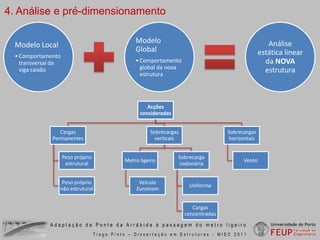 3. Descrição da solução adoptadaPlano de pilaresArco adicionalPilares adicionaisAltura variável desde 3m nos apoios até 1,82mAligeiramentos circulares de secção constanteLargura constante – 7mAdaptação da Ponte da Arrábida à passagem do metro ligeiroTiago Pinto – Dissertação em Estruturas - MIEC 2011
