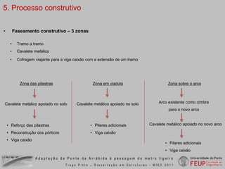 Modelo reduzido de um tramo com 21,2m de extensãoMapas de momentos flectoresDeslocamentosElevada rigidez da viga caixão cumpre EC2Banzo inferior – direcção transversal (direita) e longitudinal (esquerda)Adaptação da Ponte da Arrábida à passagem do metro ligeiroTiago Pinto – Dissertação em Estruturas - MIEC 2011