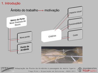 1. IntroduçãoÂmbito do trabalho	 motivação Metro do Porto Nova Travessia do DouroImpacto visualFuncionalidadeNova ponteCritériosCustoPonte da ArrábidaAdaptação da Ponte da Arrábida à passagem do metro ligeiroTiago Pinto – Dissertação em Estruturas - MIEC 2011