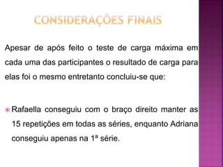 Apesar de após feito o teste de carga máxima em
cada uma das participantes o resultado de carga para
elas foi o mesmo entretanto concluiu-se que:
 Rafaella conseguiu com o braço direito manter as
15 repetições em todas as séries, enquanto Adriana
conseguiu apenas na 1ª série.
 