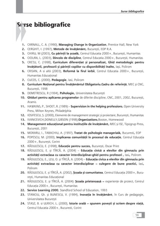 Surse bibliografice
1. CARNALL, C. A. (1990), Managing Change in Organization, Prentice Hall, New York
2. CERGHIT, I. (1997), Metode de învåÆåmânt, Bucureçti, EDP R.A.
3. CHIRU, M (2003), Cu pårinÆii la çcoalå, Centrul Educatia 2000+, Bucureçti, Humanitas
4. CIOLAN, L. (2003), Dincolo de discipline, Centrul Educatia 2000+, Bucureçti, Humanitas
5. CREæU, C. (1998), Curriculum diferenÆiat çi personalizat, Ghid metodologic pentru
învåÆåtorii, profesorii çi pårinÆii copiilor cu disponibilitåÆi înalte, Iaçi, Polirom
6. CRISAN, A si altii (2003), Reformå la firul ierbii, Centrul Educatia 2000+, Bucureçti,
Humanitas EducaÆional
7. CUCOS, C. (2000), Pedagogie, Iasi, Polirom
8. Curriculum NaÆional pentru ÎnvåÆåmântul Obligatoriu.Cadru de referinÆå, MEC çi CNC,
Bucureçti, 1998
9. DEMETRESCU, R (1994), Psihologie, Universitatea Bucureçti
10. Ghiduri pentru aplicarea programelor de diferite discipline, CNC, 2001, 2002, Bucureçti,
Aramis
11. HAWKINS, P., SHOET, R. (1989) – Supervision in the helping professions, Open University
Press, Milton Keynes, Philadelphia
12. IOSIFESCU, Ç. (2000), Elemente de management strategic çi proiectare, Bucureçti, Humanitas
13. IVANCEVICH,DONELLY,GIBSON (1998),Organizations,Boston, Homewood
14. Management educaÆional pentru instituÆiile de învåÆåmânt, MEC çi ISE, Tipogrup Press,
Bucureçti, 2001
15. MORARU, I., TABACHIU, A. (1997), Tratat de psihologie managerialå, Bucuresti, EDP
16. POPESCU, M. (2000), Implicarea comunitåÆii în procesul de educaÆie, Centrul EducaÆia
2000+, Bucureçti, Corint
17. RÅDULESCU, E. (1998), EducaÆie pentru succes, Bucureçti, Oscar Print
18. RÃDULESCU, E. çi TÎRCÃ, A. (2004) – EducaÆia civicå a elevilor din gimnaziu prin
activitåÆi extraclasa cu caracter interdisciplinar-ghid pentru profesori , Iasi, Polirom
19. RÃDULESCU, E., LEU, O. çi TÎRCÃ, A. (2004) – EducaÆia civica a elevilor din gimnaziu prin
activitåÆi extraclasa cu caracter interdisciplinar – culegere de bune practici, Iasi,
Polirom
20. RÃDULESCU, E. çi TÎRCÃ, A. (2002), Çcoala çi comunitatea, Centrul EducaÆia 2000+, Bucu-
reçti, Humanitas EducaÆional
21. RÃDULESCU, E. çi TÎRCÃ, A. (2004): Çcoala prietenoaså – experienÆe de proiect, Centrul
EducaÆia 2000+, Bucureçti, Humanitas
22. Service Learning 2000, Standford School of Education, 1993
23. STANCIU, Gh. çi BUNESCU, V. (1984), InovaÆia în învåÆåmânt, în Curs de pedagogie,
Universitatea Bucureçti
24. STASZ, B. si ULRICH, L. (2000), Istorie oralå – spunem poveçti çi scriem despre viaÆå,
Centrul Educatia 2000+, Bucuresti, Corint
59
Surse bibliografice
 