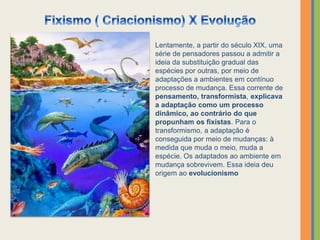 Lentamente, a partir do século XIX, uma
série de pensadores passou a admitir a
ideia da substituição gradual das
espécies por outras, por meio de
adaptações a ambientes em contínuo
processo de mudança. Essa corrente de
pensamento, transformista, explicava
a adaptação como um processo
dinâmico, ao contrário do que
propunham os fixistas. Para o
transformismo, a adaptação é
conseguida por meio de mudanças: à
medida que muda o meio, muda a
espécie. Os adaptados ao ambiente em
mudança sobrevivem. Essa ideia deu
origem ao evolucionismo
 