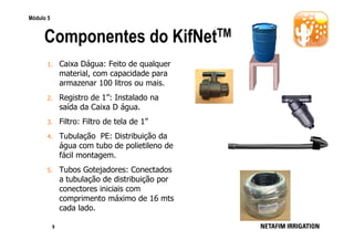 Módulo 5

Componentes do KifNetTM
1.

Caixa Dágua: Feito de qualquer
material, com capacidade para
armazenar 100 litros ou mais.

2.

Registro de 1”: Instalado na
saída da Caixa D água.

3.

Filtro: Filtro de tela de 1”

4.

Tubulação PE: Distribuição da
água com tubo de polietileno de
fácil montagem.

5.

Tubos Gotejadores: Conectados
a tubulação de distribuição por
conectores iniciais com
comprimento máximo de 16 mts
cada lado.

9

 