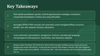 Key Takeaways
1
EbA adalah pendekatan ganda: melindungi ekosistem sekaligus membantu
masyarakat beradaptasi melalui jasa yang dihasilkan.
2
Kerangka DPSIR→PSR menjadi alat sistematis untuk mengidentifikasi ancaman,
kondisi, dan aksi adaptasi berbasis ekosistem.
3
4 jasa ekosistem (penyediaan, pengaturan, kultural, pendukung) langsung
mempengaruhi keterpaparan, sensitivitas, dan kapasitas adaptasi.
4
Muatan dalam Perdirjen PPI KLHK No.4 Tahun 2019 menjadi modalitas penyusunan peraturan
kedepannya terkait identifikasi, monitoring dan evaluasi EbA dengan masukan dari hasil kegiatan
ADAPT dalam kerja sama ASEAN – EU German CAP – GIZ serta masukan dari konsultasi publik pada
hari ini.
 
