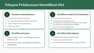 Tahapan Pelaksanaan Identifikasi EbA
1 Pemilihan Lokasi/Kawasan
Luasan & jenis ekosistem dominan
Jasa ekosistem yang dimanfaatkan masyarakat
Tingkat tekanan terhadap ekosistem
Diskusi multi-pihak
2 Identifikasi Ancaman
Ancaman iklim: suhu, curah hujan, kenaikan
muka laut, dll
Ancaman non-iklim: penebangan, kebakaran,
perambahan
3 Identifikasi Kondisi & Jasa Ekosistem
Jenis ekosistem & kondisinya
Dampak iklim terhadap ekosistem
Jasa ekosistem yang sudah dimanfaatkan dan potensi
jasa ekosistem yang dapat dikembangkan
Penerima manfaat (beneficiaries)
4 Identifikasi Aksi Adaptasi
Pengelola & penanggung jawab kawasan
Kegiatan yang sudah dilakukan
Kearifan lokal masyarakat dalam menjaga ekosistem
▼ ▼
 