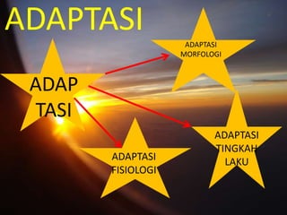 ADAPTASI             ADAPTASI
                    MORFOLOGI



 ADAP
 TASI
                           ADAPTASI
                           TINGKAH
        ADAPTASI             LAKU
        FISIOLOGI
 