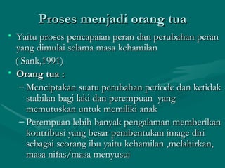 Proses menjadi orang tua Yaitu proses pencapaian peran dan perubahan peran yang dimulai selama masa kehamilan  ( Sank,1991) Orang tua : Menciptakan suatu perubahan periode dan ketidak stabilan bagi laki dan perempuan  yang memutuskan untuk memiliki anak Perempuan lebih banyak pengalaman memberikan kontribusi yang besar pembentukan image diri sebagai seorang ibu yaitu kehamilan ,melahirkan, masa nifas/masa menyusui 