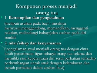 Komponen proses menjadi  orang tua 1.  Ketrampilan dan pengetahuan (meliputi asuhan pada bayi : misalnya menyusui,menggendong, memandikan, mengganti pakaian, melindungi bahaya)dan asuhan pada diri sendiri  2.  nilai/sikap dan kenyamanan ( pengalaman awal menjadi orang tua dengan cinta kasih penerimaan figur sebagai orang tua selama dan memiliki rasa kepercayaan diri serta perhatian terhadap perkembangan untuk anak dengan kelembutan dan penuh perhatian dalam asuhan bayi) 