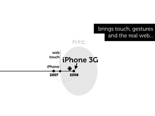 brings touch, gestures
                         and the real web...


   web
 touch
         iPhone 3G
iPhone

 2007     2008
 