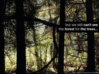 but we still can't see
the forest for the trees...




         http://www.ﬂickr.com/photos/clairity/1449248189
 