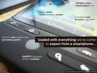 camera, video,
                                         3G connectivity
                                                                            music player, etc.

                                 large, colour
                                 touch sensitive screen
                                                                          a modern web
                                                                          browser (not WAP)




(often) a real, update-able
operating system                loaded with everything we've come
                                    to expect from a smartphone...


                    QWERTY keyboard
                    and/or trackball




                                                           http://www.ﬂickr.com/photos/free_programmer/4371778263
 