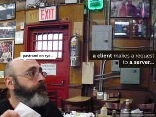 pastrami on rye...   a client makes a request
                                to a server...




                              http://www.ﬂickr.com/photos/_ppo/2393063853
 