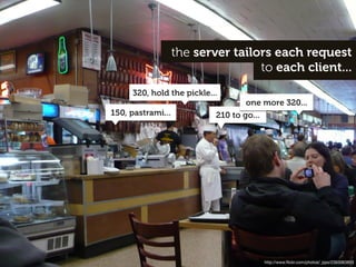 the server tailors each request
                                                           to each client...
                                320, hold the pickle...
                                                              one more 320...
                        150, pastrami...              210 to go...



tracking (ticketing, bills, etc)
analytics (what works, what doesn't)
preparation (vs just-in-time)
tacit knowledge




                                                                  http://www.ﬂickr.com/photos/_ppo/2393063853
 