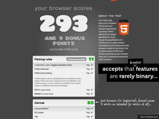 browser
 accepts that features
   are rarely binary...



just because it's 'supported', doesn't mean
it works as intended (or works at all)...


                               http://html5test.com/
 