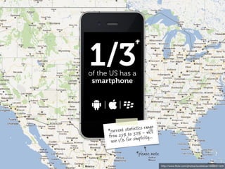 1/3
                      *

of the US has a
 smartphone




                             ge
               statistics rane'll
      *current            –w
      fro m 25% to 50%licity...
                        p
       u se 1/3 for sim

                      *please note

                                     http://www.ﬂickr.com/photos/scobleizer/4694051328
 