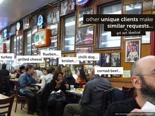 other unique clients make
                                                                similar requests...
                                                                          yet not identical




                          Rueben...
turkey                                             chilli dog...
         grilled cheese               brisket...

                                                               corned beef...




                                                                         http://www.ﬂickr.com/photos/_ppo/2393063853
 