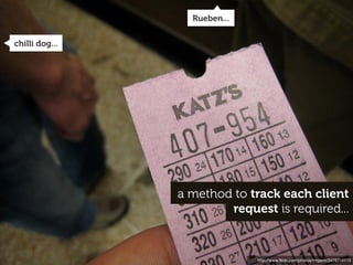 Rueben...


chilli dog...




                a method to track each client
                        request is required...


                              http://www.ﬂickr.com/photos/mrgarin/3476714113
 