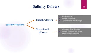 Salinity Drivers
Salinity intrusion
 Sea-level rise
 Rainfall variability
 Cyclones and storm surge
Climatic drivers
Non-climatic
drivers
 Upstream flow decrease
 Shrimp farming and other
development activities
25
 