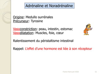 Franck Rencurel 2020 16
Adrénaline et Noradrénaline
Origine: Medullo surrénales
Précurseur: Tyrosine
Vasoconstriction: peau, intestin, estomac
Vasodilatation: Muscles, foie, cœur
Ralentissement du péristaltisme intestinal
Rappel: L’effet d’une hormone est liée à son récepteur
 