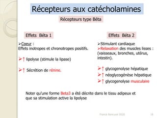 Franck Rencurel 2020 18
Récepteurs type Béta
Récepteurs aux catécholamines
Coeur :
Effets inotropes et chronotropes positifs.
↑ lipolyse (stimule la lipase)
↑ Sécrétion de rénine.
Effets Béta 1 Effets Béta 2
Stimulant cardiaque
Relaxation des muscles lisses :
(vaisseaux, bronches, utérus,
intestin).
↑ glycogenolyse hépatique
↑ néoglycogénèse hépatique
↑ glycogenolyse musculaire
Noter qu’une forme Beta3 a été décrite dans le tissu adipeux et
que sa stimulation active la lipolyse
 