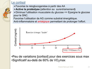 Franck Rencurel 2020 21
Favorise la néoglucogenèse à partir des AA
Active la protéolyse (attention au surentrainement)
Diminue l’utilisation musculaire du glucose => Epargne le glucose
pour le SNC.
Favorise l’utilisation de AG comme substrat énergétique.
Anti-inflammatoire et antalgique permettant de prolonger l’effort.
•Peu de variations [cortisol] pour des exercices sous max
•Significatif au-delà de 60% de VO2max
Cortisol(ng/ml)
Le cortisol
 