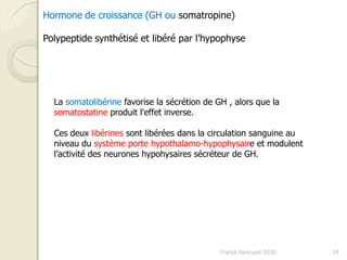 Franck Rencurel 2020 24
Hormone de croissance (GH ou somatropine)
Polypeptide synthétisé et libéré par l’hypophyse
La somatolibérine favorise la sécrétion de GH , alors que la
somatostatine produit l'effet inverse.
Ces deux libérines sont libérées dans la circulation sanguine au
niveau du système porte hypothalamo-hypophysaire et modulent
l’activité des neurones hypohysaires sécréteur de GH.
 