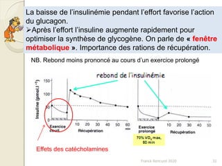 Franck Rencurel 2020 32
La baisse de l’insulinémie pendant l’effort favorise l’action
du glucagon.
Après l’effort l’insuline augmente rapidement pour
optimiser la synthèse de glycogène. On parle de « fenêtre
métabolique ». Importance des rations de récupération.
NB. Rebond moins prononcé au cours d’un exercice prolongé
Effets des catécholamines
 