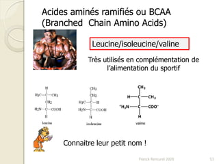 Franck Rencurel 2020 53
Acides aminés ramifiés ou BCAA
(Branched Chain Amino Acids)
Leucine/isoleucine/valine
Très utilisés en complémentation de
l’alimentation du sportif
valine
Connaitre leur petit nom !
 