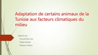Adaptation de certains animaux de la
Tunisie aux facteurs climatiques du
milieu
élaboré par :
*Youssef Ben Issa
*Malek Derbel
*Mariem Arfeoui
 