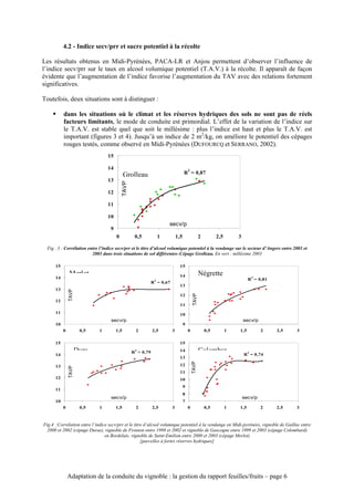 4.2 - Indice secv/prr et sucre potentiel à la récolte

Les résultats obtenus en Midi-Pyrénées, PACA-LR et Anjou permettent d’observer l’influence de
l’indice secv/prr sur le taux en alcool volumique potentiel (T.A.V.) à la récolte. Il apparaît de façon
évidente que l’augmentation de l’indice favorise l’augmentation du TAV avec des relations fortement
significatives.

Toutefois, deux situations sont à distinguer :

     !     dans les situations où le climat et les réserves hydriques des sols ne sont pas de réels
           facteurs limitants, le mode de conduite est primordial. L’effet de la variation de l’indice sur
           le T.A.V. est stable quel que soit le millésime : plus l’indice est haut et plus le T.A.V. est
           important (figures 3 et 4). Jusqu’à un indice de 2 m2/kg, on améliore le potentiel des cépages
           rouges testés, comme observé en Midi-Pyrénées (DUFOURCQ et SERRANO, 2002).
                                  15

                                  14                                                    2
                                             Grolleau                               R = 0,87
                                  13
                                             TAVP




                                  12

                                  11

                                  10
                                                                        secv/p
                                   9
                                       0             0,5            1         1,5                  2         2,5       3

 Fig . 3 : Corrélation entre l’indice secv/prr et le titre d’alcool volumique potentiel à la vendange sur le secteur d’Angers entre 2001 et
                         2003 dans trois situations de sol différentes–Cépage Grolleau. En vert : millésime 2003

      15                                                                        15
               Merlot                                                           14                 Négrette
      14                                                                                                                         2
                                                                                                                             R = 0,81
                                                                2
                                                               R = 0,67
                                                                                13
      13
               TAVP




                                                                                            TAVP




                                                                                12
      12
                                                                                11
      11                                                                        10
                                   secv/p                                                                                  secv/p
      10                                                                            9
           0           0,5   1         1,5           2         2,5        3             0              0,5         1   1,5           2   2,5   3

      15                                                                        15
                      Dura                           2
                                                    R = 0,79                    14                 Colombar                  2
                                                                                                                           R = 0,74
      14
                                                                                13
                                                                                            TAVP




      13                                                                        12
               TAVP




                                                                                11
      12                                                                        10
                                                                                    9
      11
                                                                                    8
                                   secv/p                                                                                  secv/p
      10                                                                            7
           0           0,5   1         1,5           2         2,5        3             0              0,5         1   1,5           2   2,5   3



Fig.4 :Corrélation entre l’indice secv/prr et le titre d’alcool volumique potentiel à la vendange en Midi-pyrénées, vignoble de Gaillac entre
  2000 et 2002 (cépage Duras), vignoble de Fronton entre 1998 et 2002 et vignoble de Gascogne entre 1999 et 2003 (cépage Colombard)
                                en Bordelais, vignoble de Saint-Emilion entre 2000 et 2003 (cépage Merlot)
                                                     [parcelles à fortes réserves hydriques]




               Adaptation de la conduite du vignoble : la gestion du rapport feuilles/fruits – page 6
 