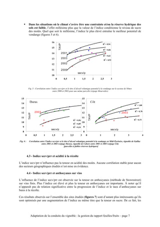 !        Dans les situations où le climat s’avère être une contrainte et/ou la réserve hydrique des
              sols est faible, l’effet millésime plus que la valeur de l’indice conditionne le niveau de sucre
              des moûts. Quel que soit le millésime, l’indice le plus élevé entraîne le meilleur potentiel de
              vendange (figures 5 et 6).

                                         16                                                                     2




                                                    TAVP
                                                                                                              R = 0,94
                                         15                                                                     2
                                                                                                              R = 0,84
                                         14            2001
                                                                                                                2
                                                                                                              R = 0,61
                                         13            2003                                                         2
                                                                                                              R = 0,92

                                         12            2002

                                         11            2000
                                                                               secv/p
                                         10
                                                0              0,5         1         1,5              2   2,5            3



              Fig .5 : Corrélation entre l’indice secv/prr et le titre d’alcool volumique potentiel à la vendange sur le secteur de Nîmes
                                           entre 2000 et 2003 pour une même parcelle (cépage Mourvèdre)


  15                                                                                 15
  14           Duras                                                                 14           Côt
                                                                                                                                              2
                                                                                                                                             R = 1,00
  13                                                                                 13
                                                                                                                                                  2
                     2003                                                                                                                    R = 0,78
  12                                                                                 12                                           2003
              TAVP




                                                                                               TAVP




  11                                                                                 11                                                       2
                                                                           2                                                                 R = 0,75
                                                                       R = 0,96
  10                                                                       2         10
                                                                       R = 0,89
                                                                           2
   9                                                                   R = 0,34       9
                                         secv/p                                                                          secv/p
   8                                                                                  8
         0           0,5        1         1,5              2         2,5         3         0              1                  2           3              4

Fig. 6 :       Corrélation entre l’indice secv/prr et le titre d’alcool volumique potentiel à la vendange en Midi-Pyrénées, vignoble de Gaillac
                            entre 2001 et 2003 (cépage Duras), vignoble de Cahors entre 2001 et 2003 (cépage Côt)
                                                         [parcelles à faibles réserves hydriques]



             4.3 - Indice secv/prr et acidité à la récolte

L’indice secv/prr n’influence pas la teneur en acidité des moûts. Aucune corrélation stable pour aucun
des secteurs géographiques étudiés n’est mise en évidence.

             4.4 - Indice secv/prr et anthocyanes sur vins

L’influence de l’indice secv/prr est observée sur la teneur en anthocyanes (méthode de Stownstreet)
sur vins finis. Plus l’indice est élevé et plus la teneur en anthocyanes est importante. À noter qu’il
n’apparaît pas de relation significative entre la progression de l’indice et le taux d’anthocyanes sur
baies à la récolte.

Ces résultats observés sur l’ensemble des sites étudiés (figures 7) sont d’autant plus intéressants qu’ils
sont optimisés par une augmentation de l’indice au même titre que la teneur en sucre. De ce fait, les




                 Adaptation de la conduite du vignoble : la gestion du rapport feuilles/fruits – page 7
 