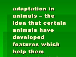 adaptation in animals – the idea that certain animals have developed features which help them survive in their environment  