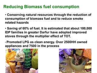 Reducing Biomass fuel consumption
• Conserving natural resources through the reduction of
consumption of biomass fuel and to reduce smoke
related hazards
• Saving of 60% of fuel. It is estimated that about 100,000
IDP families in greater Darfur have adopted improved
stoves through the multiplier effect of TOT.
• Promoted LPG as clean energy. Over 2500HH owned
appliances and 7500 in the process
 