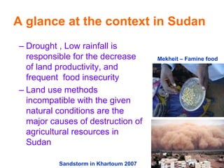 A glance at the context in Sudan
– Drought , Low rainfall is
  responsible for the decrease         Mekheit – Famine food
  of land productivity, and
  frequent food insecurity
– Land use methods
  incompatible with the given
  natural conditions are the
  major causes of destruction of
  agricultural resources in
  Sudan

          Sandstorm in Khartoum 2007
 