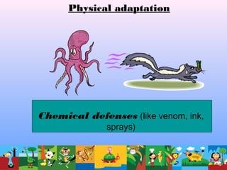 Chemical defenses (like venom, ink,
sprays)
Physical adaptation
 