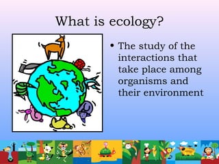 What is ecology?
• The study of the
interactions that
take place among
organisms and
their environment
 