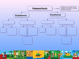 Maintenance of constant internal
conditions in the face of a varying
external environment
Endotherms Ectotherms
 