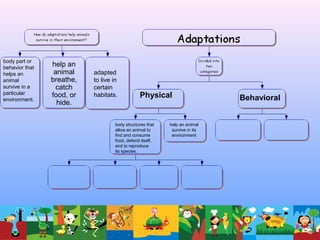 body part or
behavior that
helps an
animal
survive in a
particular
environment.
help an
animal
breathe,
catch
food, or
hide.
adapted
to live in
certain
habitats. Physical Behavioral
body structures that
allow an animal to
find and consume
food, defend itself,
and to reproduce
its species.
help an animal
survive in its
environment
 