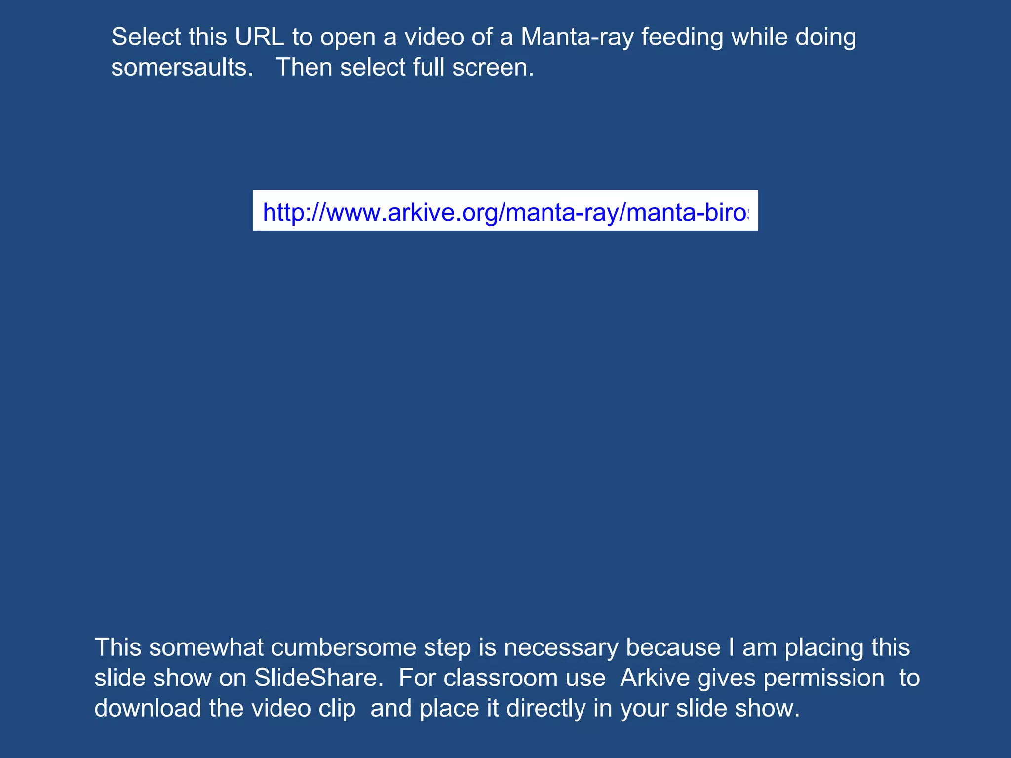 http://www.arkive.org/manta-ray/manta-birostris/video-08c.html#src=portletV3web" title="ARKive video - Manta ray feeding, whilst somersaulting" ><img src="http://cdn2.arkive.org/media/A1/A1C26FDD-E993-4684-B73C-C1E75060C472/Presentation.Portlet/Manta-ray-feeding-whilst-somersaulting.jpg" alt="ARKive video - Manta ray feeding, whilst somersaulting" title="ARKive video - Manta ray feeding, whilst somersaulting" border="0"/></a> This somewhat cumbersome step is necessary because I am placing this slide show on SlideShare.  For classroom use  Arkive gives permission  to download the video clip  and place it directly in your slide show. Select this URL to open a video of a Manta-ray feeding while doing somersaults.  Then select full screen. 