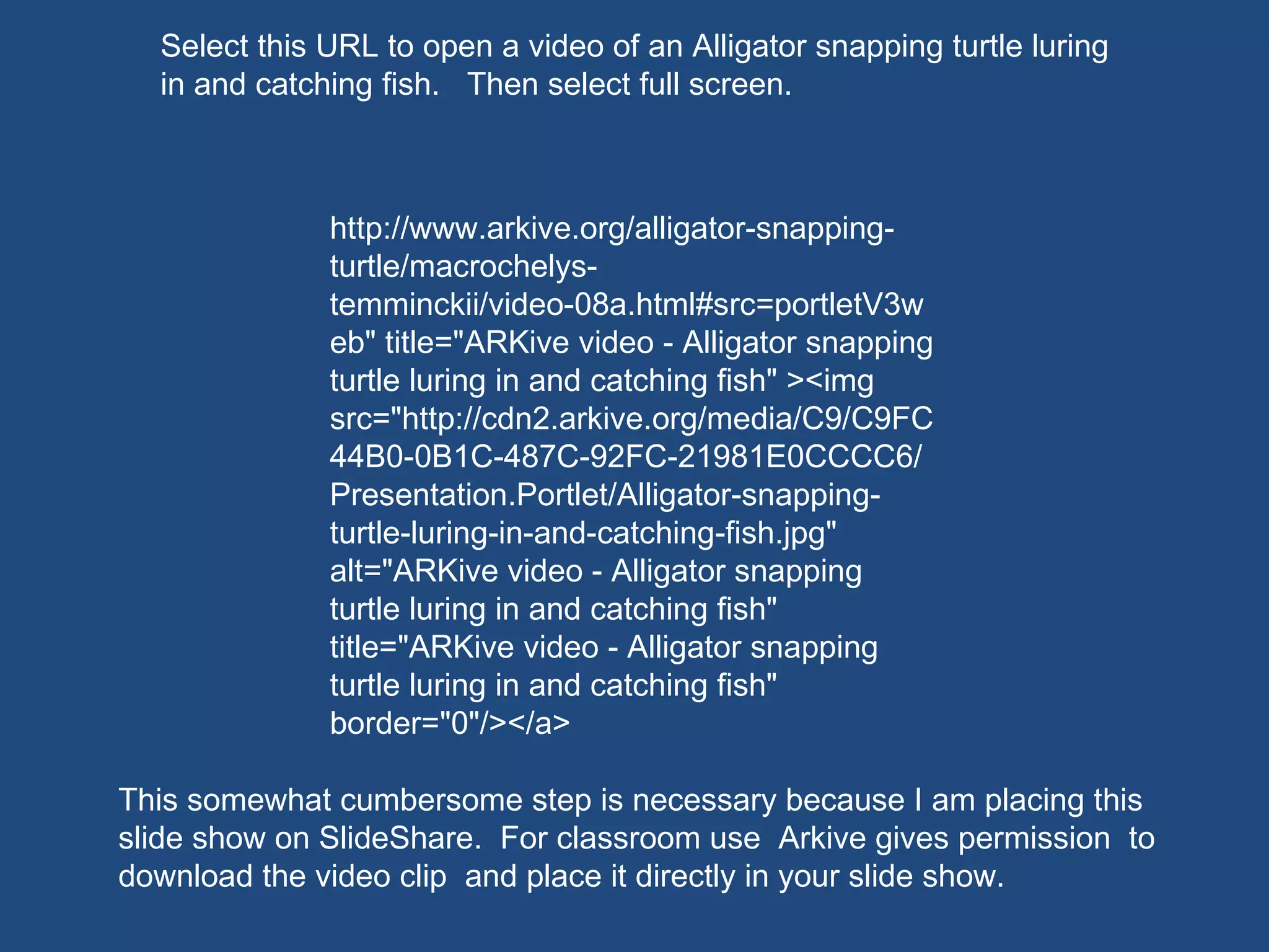 http://www.arkive.org/alligator-snapping-turtle/macrochelys-temminckii/video-08a.html#src=portletV3web" title="ARKive video - Alligator snapping turtle luring in and catching fish" ><img src="http://cdn2.arkive.org/media/C9/C9FC44B0-0B1C-487C-92FC-21981E0CCCC6/Presentation.Portlet/Alligator-snapping-turtle-luring-in-and-catching-fish.jpg" alt="ARKive video - Alligator snapping turtle luring in and catching fish" title="ARKive video - Alligator snapping turtle luring in and catching fish" border="0"/></a> This somewhat cumbersome step is necessary because I am placing this slide show on SlideShare.  For classroom use  Arkive gives permission  to download the video clip  and place it directly in your slide show. Select this URL to open a video of an Alligator snapping turtle luring in and catching fish.  Then select full screen. 