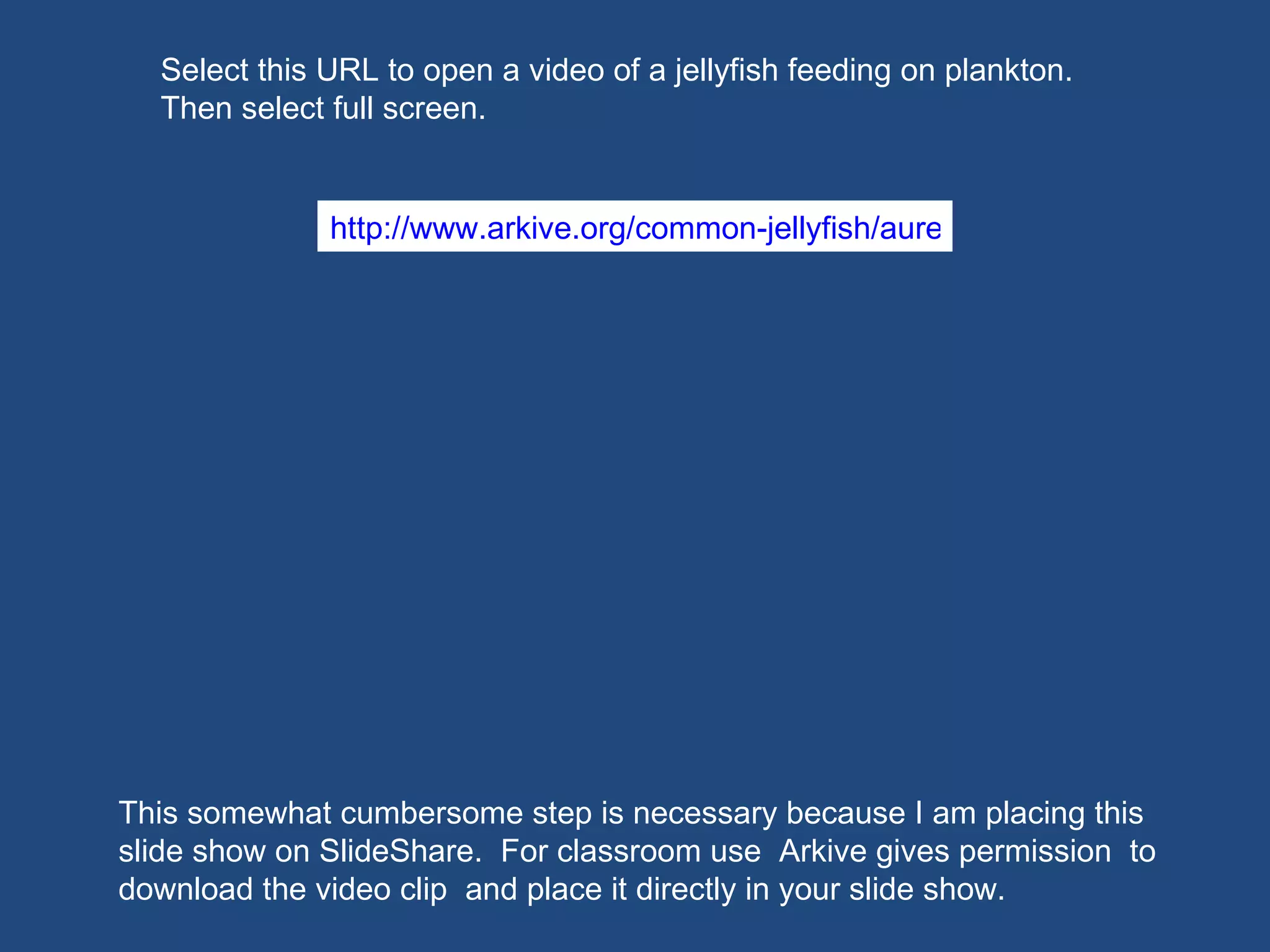 http://www.arkive.org/common-jellyfish/aurelia-aurita/video-08.html#src=portletV3web" title="ARKive video - Common jellyfish polyps feeding on plankton" ><img src="http://cdn2.arkive.org/media/DD/DD36F687-C99F-4D9C-B9E1-93182EF01E78/Presentation.Portlet/Common-jellyfish-polyps-feeding-on-plankton.jpg" alt="ARKive video - Common jellyfish polyps feeding on plankton" title="ARKive video - Common jellyfish polyps feeding on plankton" border="0"/></a> This somewhat cumbersome step is necessary because I am placing this slide show on SlideShare.  For classroom use  Arkive gives permission  to download the video clip  and place it directly in your slide show. Select this URL to open a video of a jellyfish feeding on plankton.  Then select full screen. 