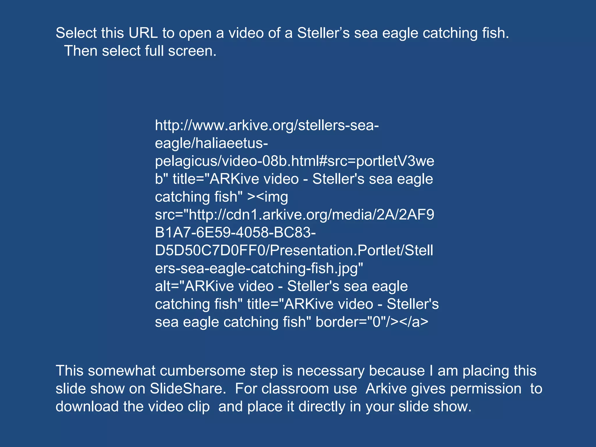 http://www.arkive.org/stellers-sea-eagle/haliaeetus-pelagicus/video-08b.html#src=portletV3web" title="ARKive video - Steller's sea eagle catching fish" ><img src="http://cdn1.arkive.org/media/2A/2AF9B1A7-6E59-4058-BC83-D5D50C7D0FF0/Presentation.Portlet/Stellers-sea-eagle-catching-fish.jpg" alt="ARKive video - Steller's sea eagle catching fish" title="ARKive video - Steller's sea eagle catching fish" border="0"/></a> This somewhat cumbersome step is necessary because I am placing this slide show on SlideShare.  For classroom use  Arkive gives permission  to download the video clip  and place it directly in your slide show. Select this URL to open a video of a Steller’s sea eagle catching fish.  Then select full screen. 