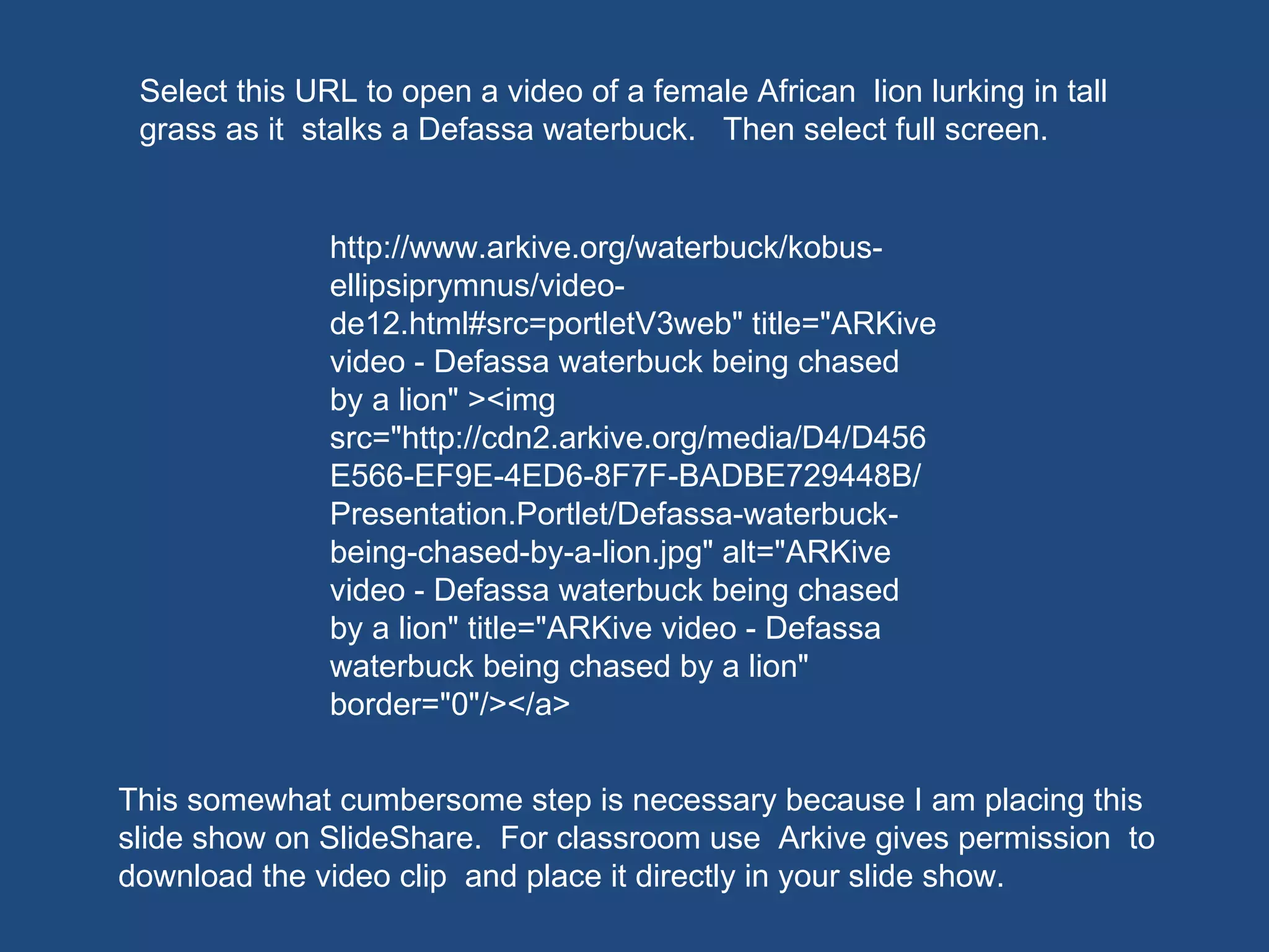 http://www.arkive.org/waterbuck/kobus-ellipsiprymnus/video-de12.html#src=portletV3web" title="ARKive video - Defassa waterbuck being chased by a lion" ><img src="http://cdn2.arkive.org/media/D4/D456E566-EF9E-4ED6-8F7F-BADBE729448B/Presentation.Portlet/Defassa-waterbuck-being-chased-by-a-lion.jpg" alt="ARKive video - Defassa waterbuck being chased by a lion" title="ARKive video - Defassa waterbuck being chased by a lion" border="0"/></a> This somewhat cumbersome step is necessary because I am placing this slide show on SlideShare.  For classroom use  Arkive gives permission  to download the video clip  and place it directly in your slide show. Select this URL to open a video of a female African  lion lurking in tall grass as it  stalks a Defassa waterbuck.  Then select full screen. 
