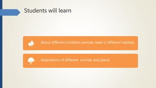 Students will learn
About different condition animals need in different habitats
Adaptations of different animals and plants
 