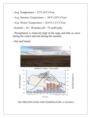 - Avg. Temperature :- 32°F (0°C)/Year
- Avg. Summer Temperature :- 50°F (10°C)/Year
- Avg. Winter Temperature :- 26.6°F (-3°C)/Year
- Rainfall :- 10 - 30 inches (25 - 75 cm)Yearly
- Precipitation is relatively high in the taiga and falls as snow
during the winter and rain during the summer.
- Hot and humid
FIG:-PRECIPITATION AND TEMPERATURE ( CANADA )
 