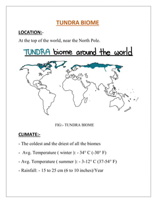 TUNDRA BIOME
LOCATION:-
At the top of the world, near the North Pole.
FIG:- TUNDRA BIOME
CLIMATE:-
- The coldest and the driest of all the biomes
- Avg. Temperature ( winter ): - 34° C (-30° F)
- Avg. Temperature ( summer ): - 3-12° C (37-54° F)
- Rainfall: - 15 to 25 cm (6 to 10 inches)/Year
 