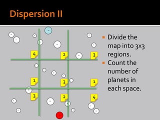    Divide the
                map into 3x3
4   2   3       regions.
               Count the
                number of
1   3   1       planets in
                each space.
3   2   4
 