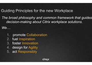 The broad philosophy and common framework that guides
  decision-making about Citrix workplace solutions.
We…

   1.    promote Collaboration
   2.    fuel Inspiration
   3.    foster Innovation
   4.    design for Agility
   5.    act Responsibly
 