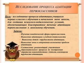 ИССЛЕДОВАНИЕ ПРОЦЕССА АДАПТАЦИИ
ПЕРВОКЛАССНИКОВ
Цель: исследование процесса адаптации учащихся
первых классов к обучению в начальном звене школы,
для создания психолого-педагогических условий,
обеспечивающих благоприятное течение адаптации
первоклассников к школьному обучению.
Задачи:
Изучение поведенческой сферы первоклассника.
Выявление адаптации к учебной деятельности
 Выявление детей с трудностями адаптации.
Выявление зоны и содержания возможных проблем
адаптации.
Составление рекомендаций участникам
образовательного процесса по построению
стратегии взаимодействия с детьми, имеющими
трудности адаптации.
 