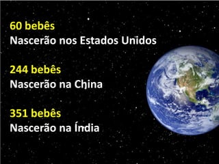 60 bebês
Nascerão nos Estados Unidos
244 bebês
Nascerão na China
351 bebês
Nascerão na Índia
 